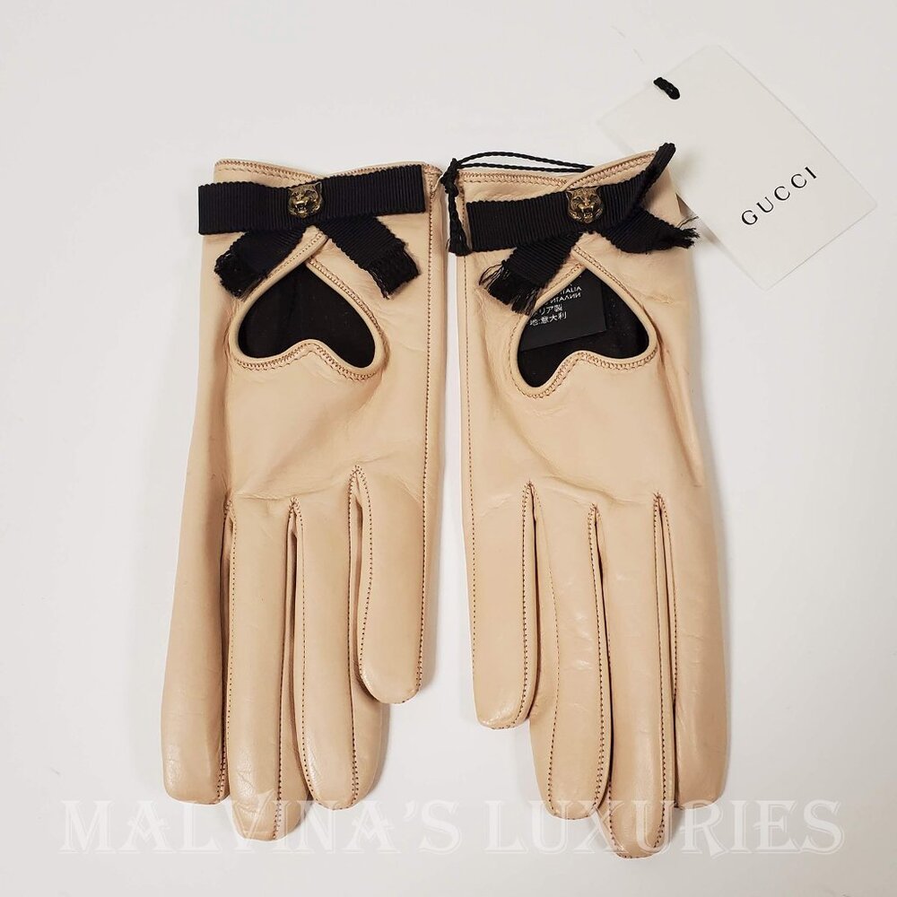 GUCCI GLOVES 477970 BEIGE LEATHER HEART CUT-OUT CAT FELINE HEAD - Picture 2 of 12